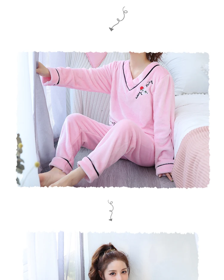 Зимний Теплый Бархатный пижамный комплект, Милые Женские Фланелевые рождественские пижамы, флисовая розовая пижама с рисунком для взрослых, домашний Длинный топ и штаны