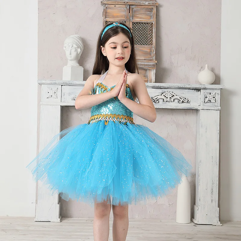 Aladdin Jasmine Girls Tutu Dress Headband Outfit Kids Birthday Party Pageant Sparkly Tulle Fancy Dress Sequins Children Clothes (2)