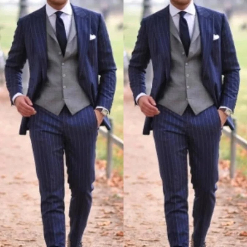 77Groom Tuxedos Groomsmen Striped Lapel Best Man Suit Two Pieces Wedding Men's Blazer Suits Custom Made (Jacket+Pants)