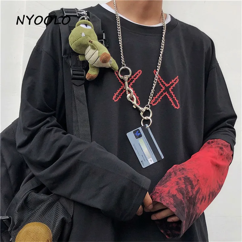 NYOOLO винтажная Лоскутная футболка с простым принтом Осенняя уличная футболка с круглым вырезом и длинным рукавом в стиле хип-хоп Женская Мужская одежда Топ