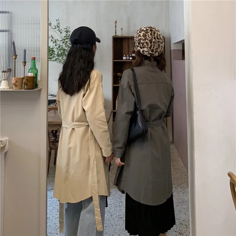 Фотосессия осень стиль корейско-Стиль однотонные Цвет однобортное пальто средней длины со шнуровкой Тренч Для женщин