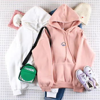 

Japanese Women lovely Cloud print Hooded Hoodie College style Soft sister Big pocket Long Sleeve Loose Casual Plus velvet Tops