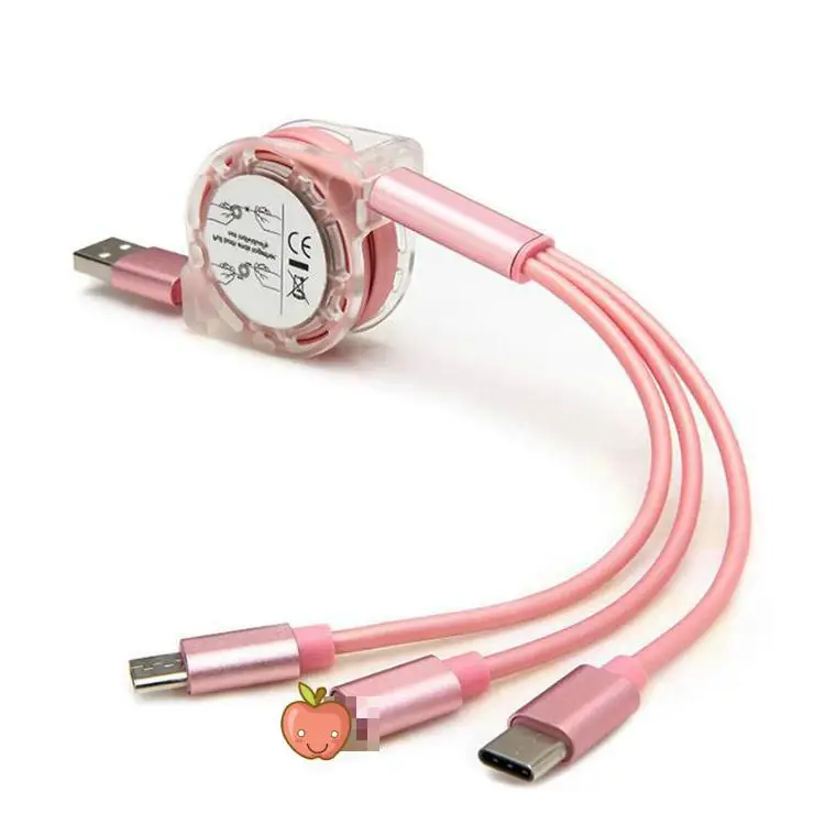 Выдвижной 3 в 1 2.4A Быстрый зарядный кабель с разъемом Micro USB TYPE-C для samsung huawei данных кабель мобильного телефона Зарядное устройство кабель - Цвет: Розовый