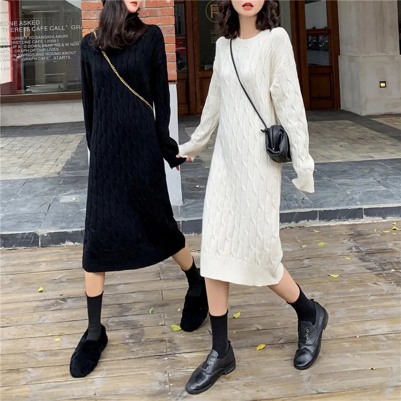 Midi Dress Oversize Knitted Warm Mozuleva Korean-Style Autumn Winter Elegant Lady Fashionable