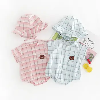 

Toddler Baby Girls Blue Pink Plaid Romper Set Short Sleeve Summer Front Button Open Triangle Jumpsuit Sweet Girls Plaid Hat