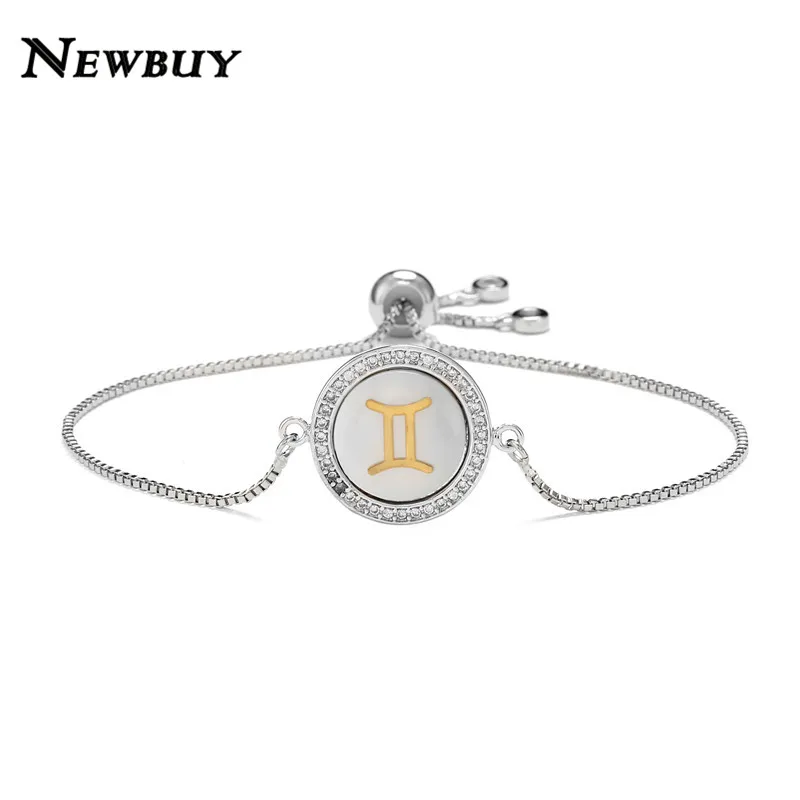 NEWBUY Мода 12 Созвездие шарм браслеты для женщин Девушка Уникальный дизайн оболочки браслет CZ Роскошный Золотой символ знаков зодиака