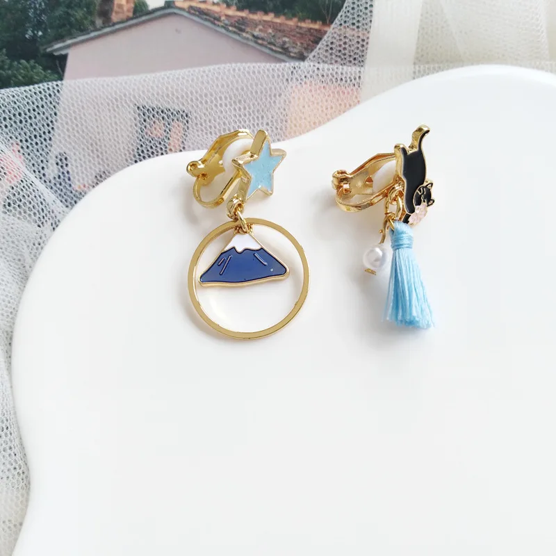 Blue clip on Японский синий милый звезда прищепка в форме кошки серьги без пирсинга выдолбленные крепление Fuji клип на серьги без ушей отверстие - Окраска металла: Blue clip on
