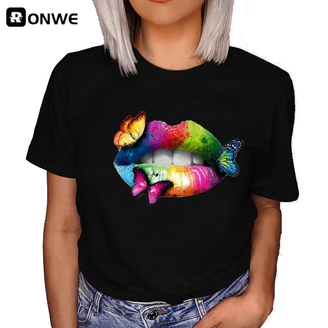 Woman Butterfly Tree Print Harajuku Summer Tshirts Casual Round Neck Short Slee Top Tee Shirt,Drop Ship T244A-Black