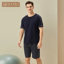 Summer New Men's Cotton Solid Color Short Sleeve Round Collar Top Stripe Shorts Home Set Simple  Sleepwear Home Suit