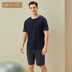 Summer New Men's Cotton Solid Color Short Sleeve Round Collar Top Stripe Shorts Home Set Simple  Sleepwear Home Suit
