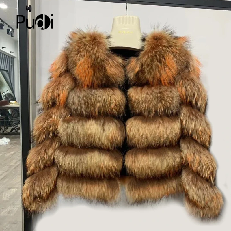 Pudi CT941 Женское пальто из натурального меха енота, куртка, пальто с круглым воротником, женская мода, зимнее теплое пальто из натурального меха, женская верхняя одежда