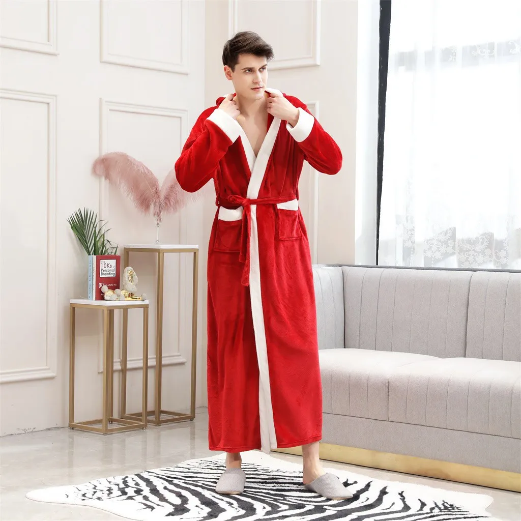 Mens/Women Lengthened Christmas Pajamas Winter Splicing Home Clothes Long Sleeved Thick Robe Coat Stitching Bathrobe Pajamas