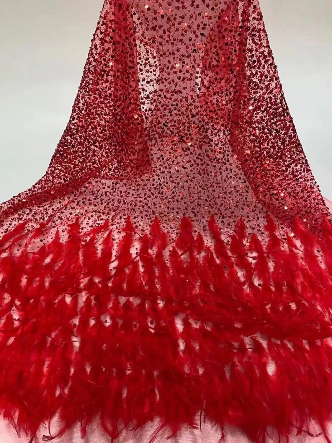 

5 Yards 3D Feather Tassels Embroidery French Lace Tulle Fabric African Dubai Wedding Clothes Dress Gown High Quality Bead/Sequin