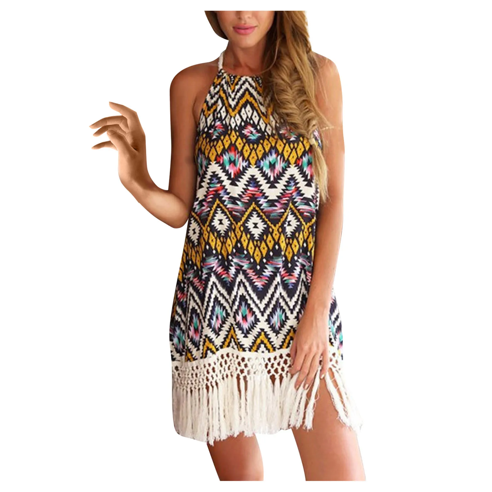 Knitted Elegant Dress Women's Fashion Neck Hanging Sexy Open Back Tassel Sleeveless Ladies Dress Vestido de Mujer Summer Dress 2