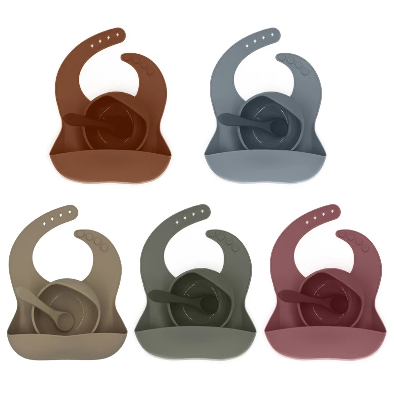 

1-3T3Pcs Baby Tableware Set Newborn Harmless and safe Silicone Bibs+Dinner Plate Bowl+Spoon Dishes Set