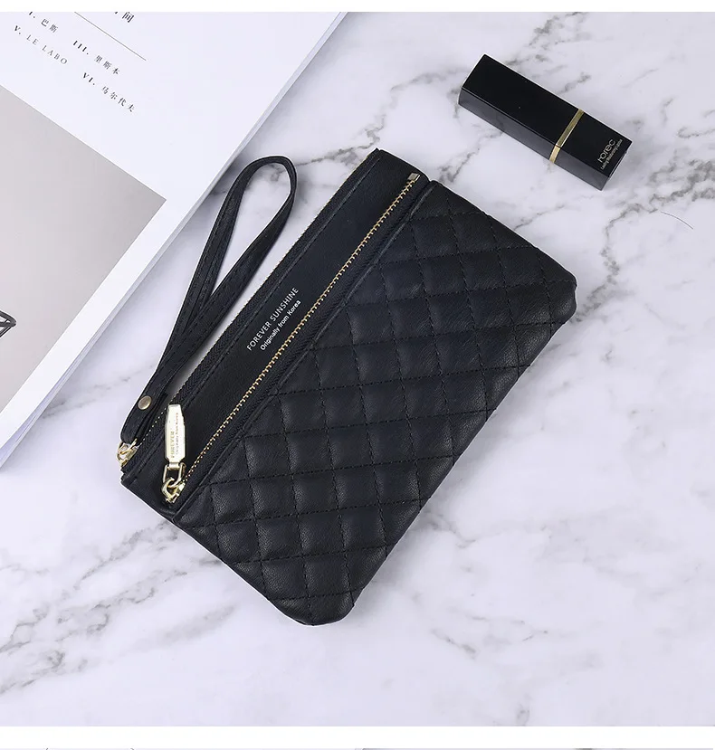 Western Style Wallet Ladies Long New Zipper Simple Solid Color Rhombus Thin Multi-function Large-capacity Clutch Women Purses