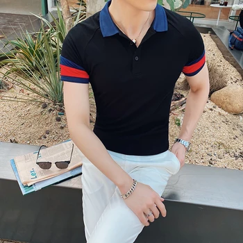 

2020 Summer Men's Short-sleeved Polo Shirt Color Matching British StyleSlim T-shirt Men's Cotton casual Lapel Polo Shirt