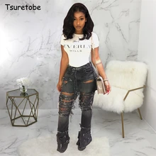 Tsuretobe размера плюс сексуальные рваные расклешенные джинсы для женщин, уличная одежда с высокой талией, широкие брюки, джинсовые брюки, женские брюки