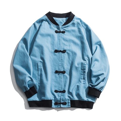 Light blue AreMoMuWha осень мужской Молодежный Tide бренд ретро Кнопка Пряжка джинсовая куртка китайский стиль Улучшенный свободный Бейсбол UniformQX1307 - Цвет: Light blue
