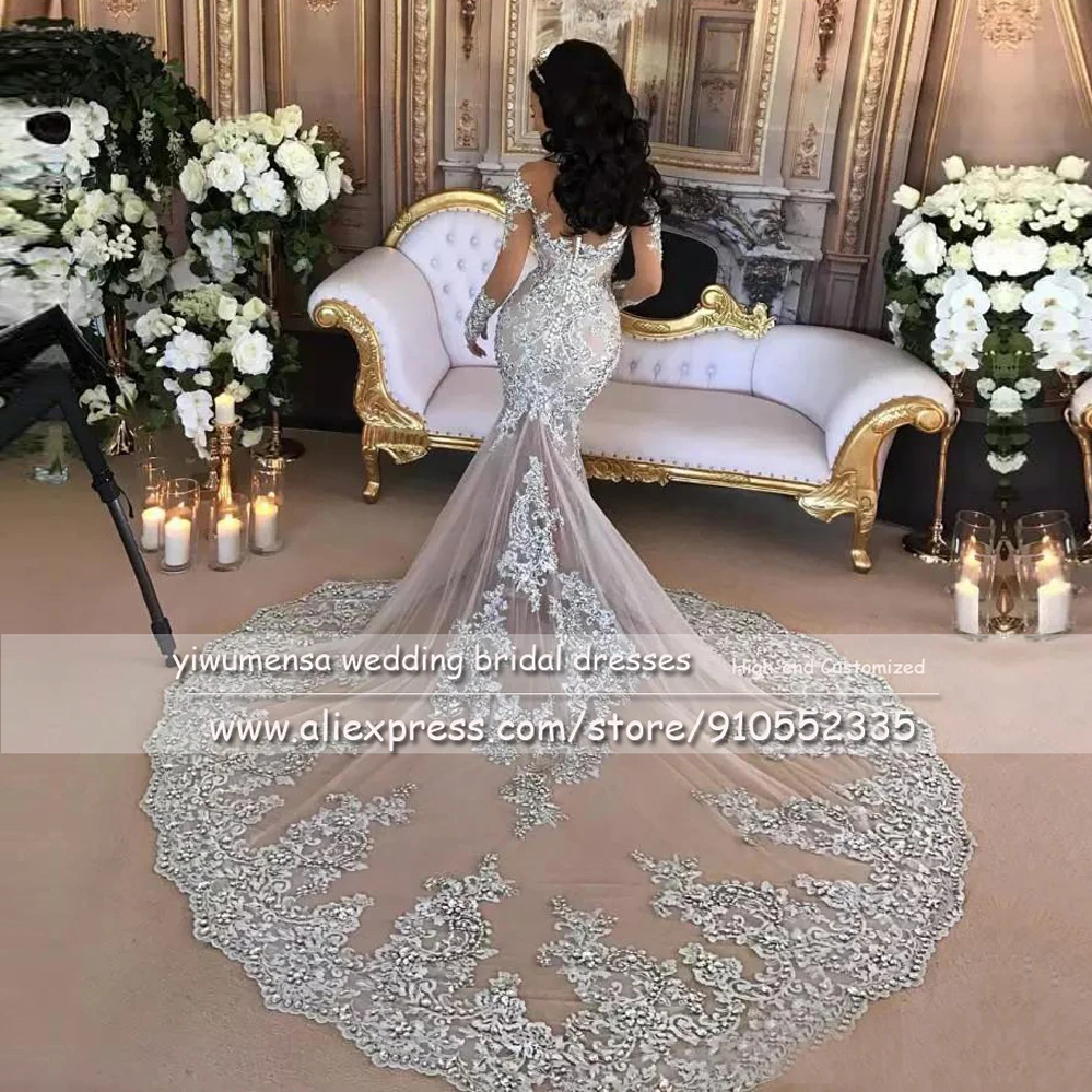 Luxury Dubai Arabic Mermaid Long Wedding Dresses 2022 Bling Beads Pearl Applique High Neck Illusion Full Sleeves Bridal Gowns gown for wedding