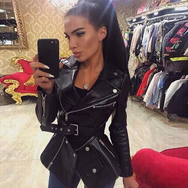

Europe And America High-End Quality 2019 British Style Women Jacket Deconstructable Hem Slim Fit Oblique Zipper Leather Coat