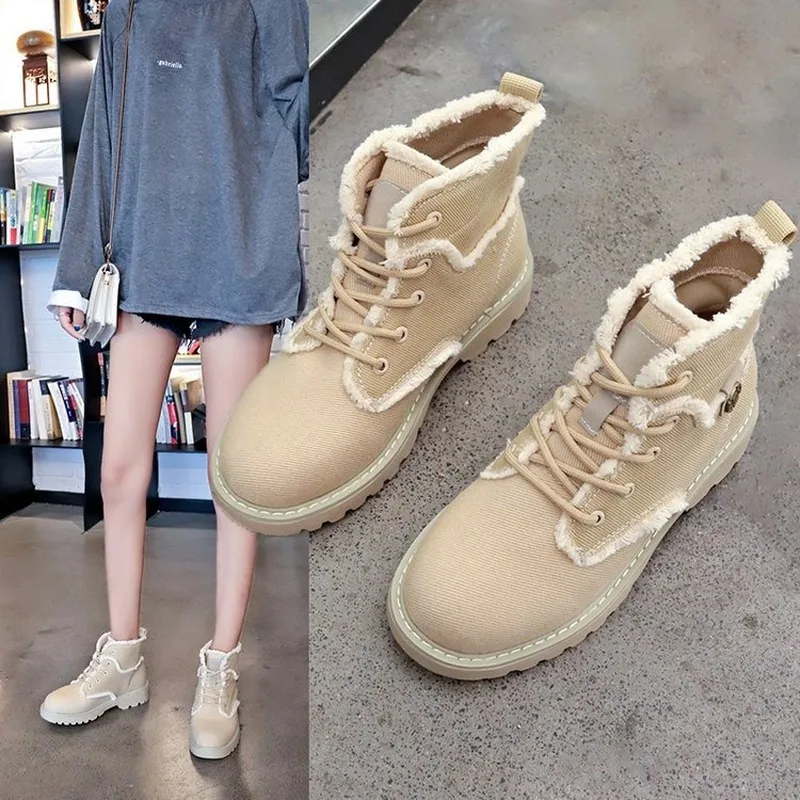 

LZJ 2019 Winter Martin Boots Non-slip Student Plus Velvet Warm Cotton Shoes Canvas Handsome High-top Flat Boots Zapatos Mujer