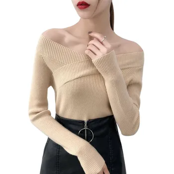 

Women Elegant V-Neck Sweater Long Sleeves Pure Color Pullover Autumn Winter Ladies Sexy Jumper Off Shoulder Tops