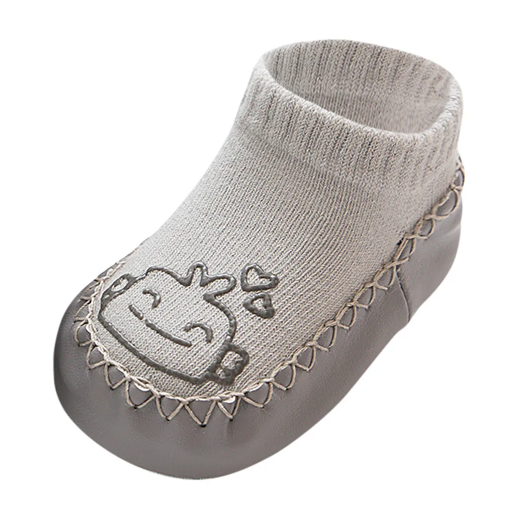 Носки для новорожденных милые теплые носки-тапочки с рисунком для маленьких мальчиков и девочек Нескользящие носки, носки для малышей с кожаной подошвой, носки