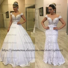 Brautkleid Пышное Тюлевое свадебное платье русалки 2 Em 1 со съемным шлейфом с жемчугом, кружевные аппликации для свадебных платьев Robe De Mariee