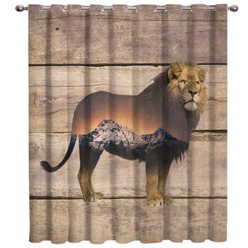 

Double Exposure Of Wild Lions On Antique Wood Background Window Treatment Hardware Sets Curtains for the Kitchen Living Room