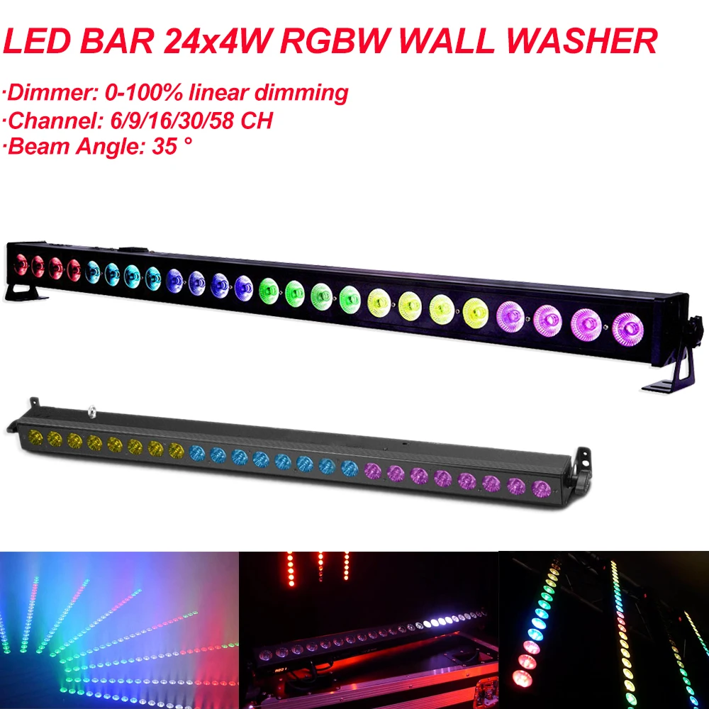 

LED Bar 24x4W RGBW 4IN LED Wall Wash Super Large Light Angle DMX 512 Control Device Suitable Disco DJ Ballroom Bar Decoration