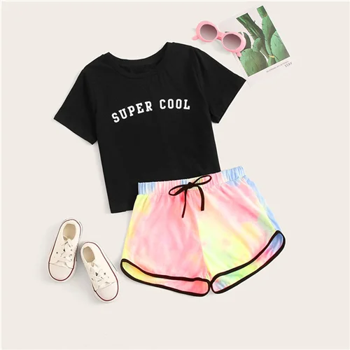Multicolor SHEIN Kiddie черная футболка с буквенным принтом и шорты с завязками на талии комплекты для девочек г. Летняя детская одежда с короткими рукавами - Цвет: Multicolor