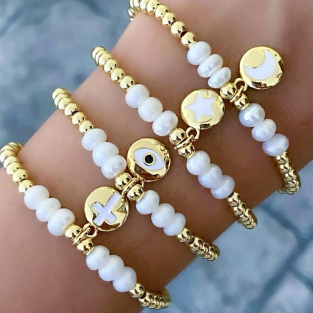 

Natural Pearl Evil Eye Bracelet Women 4mm Stainless Steel Beads Weave Round Cross/Moon/Star Pendant Bangle Baroque Pearl Jewelry