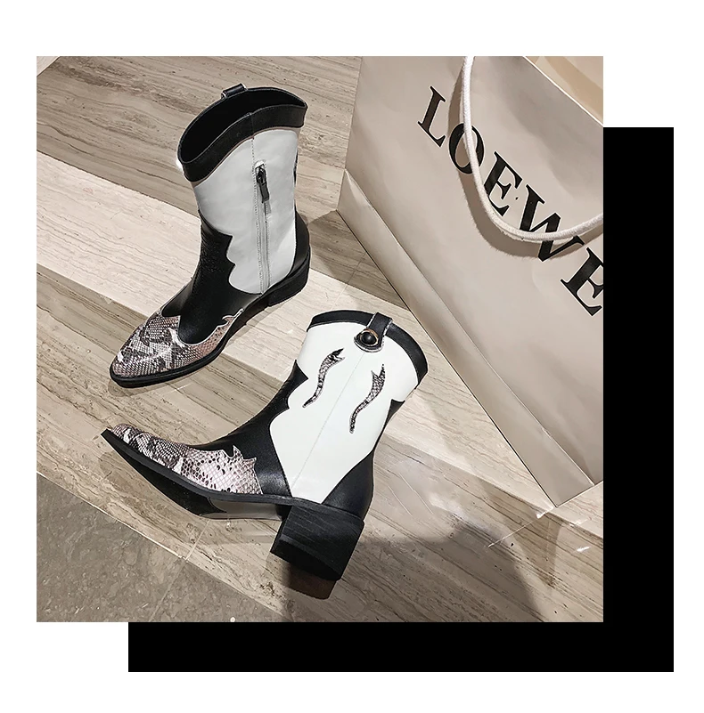 Модные женские ботинки до середины икры из натуральной змеиной кожи; сезон весна-осень-зима; женская кожаная обувь с металлическим змеиным принтом; 20190814