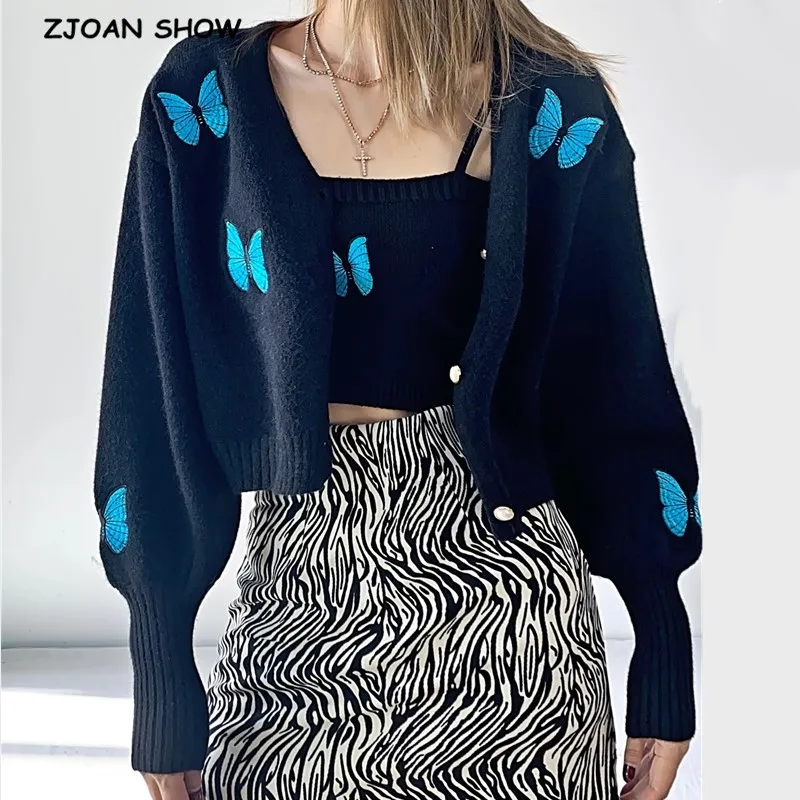 Crop Sweater Jumper Butterfly Cardigan Embroidery Knitted Button Vintage Korea-Style