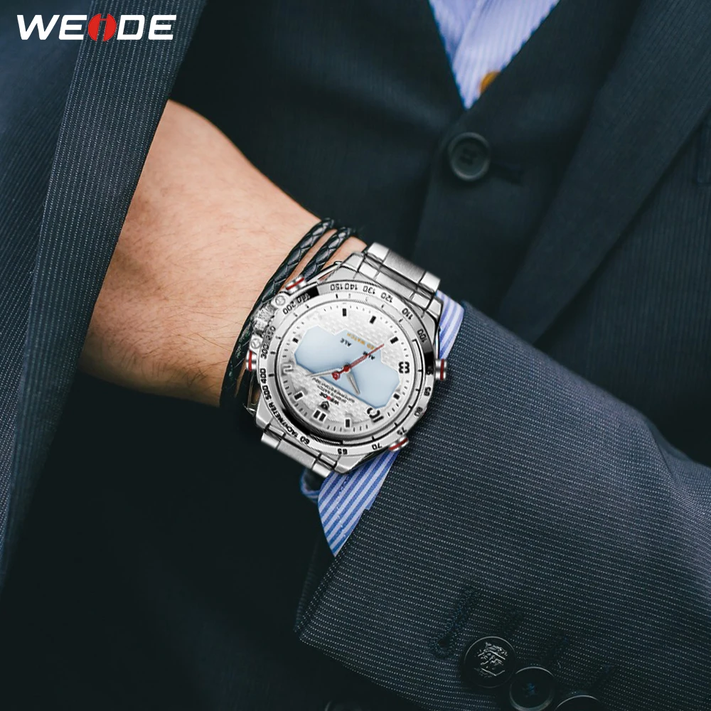 

WEIDE Watches Mens LED Analog Dual Display Alarm Back Light Sports Military Watch Big Dial Stainless Steel Strap Quartz Watch