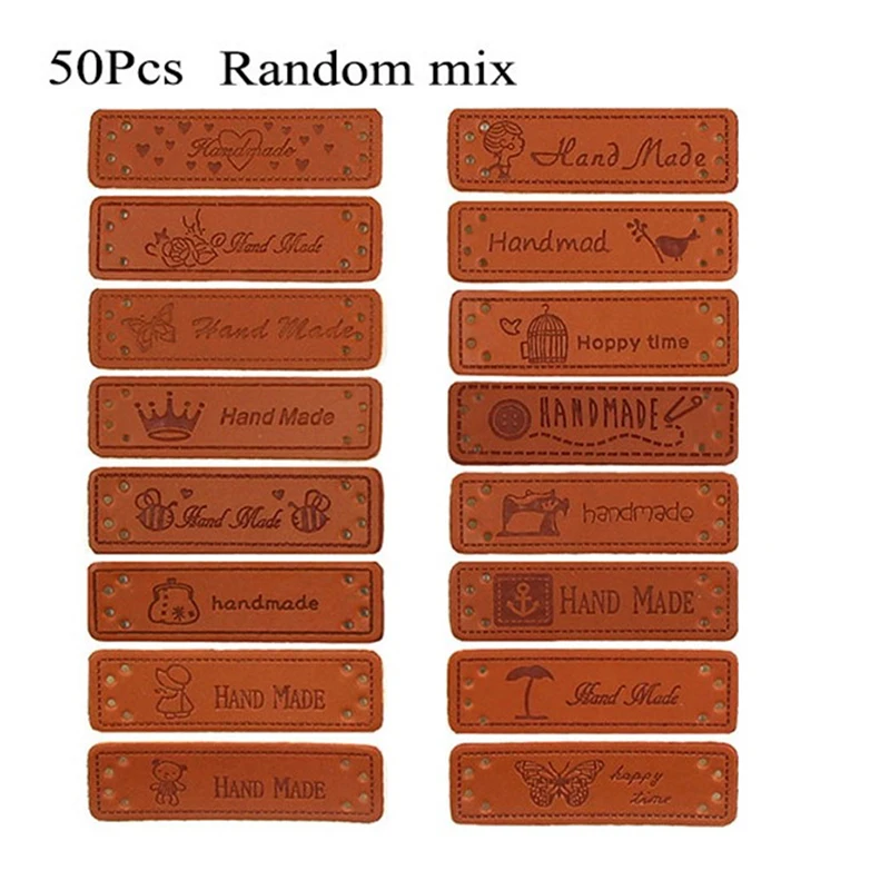 

50Pcs Handmade Faux Leather Knitting Label Handmade Tags For Bag Handmade With Love PU Label For Bag Accessories 1.5*5cm