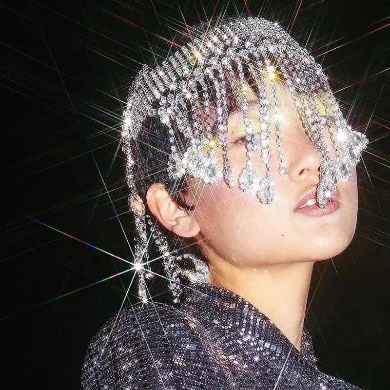 Fashion luxury flash Crystal Rhinestone tassel headband wedding party jewelry luxury headband chain Bridal Hat accessories jewel