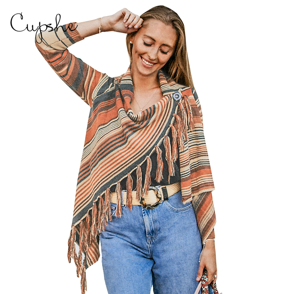 CUPSHE Striped Print Tassel Sweater Women Sexy Loose Button Long Sleeve Jumpers Tops Autumn Winter Female Pullovers - Цвет: Многоцветный