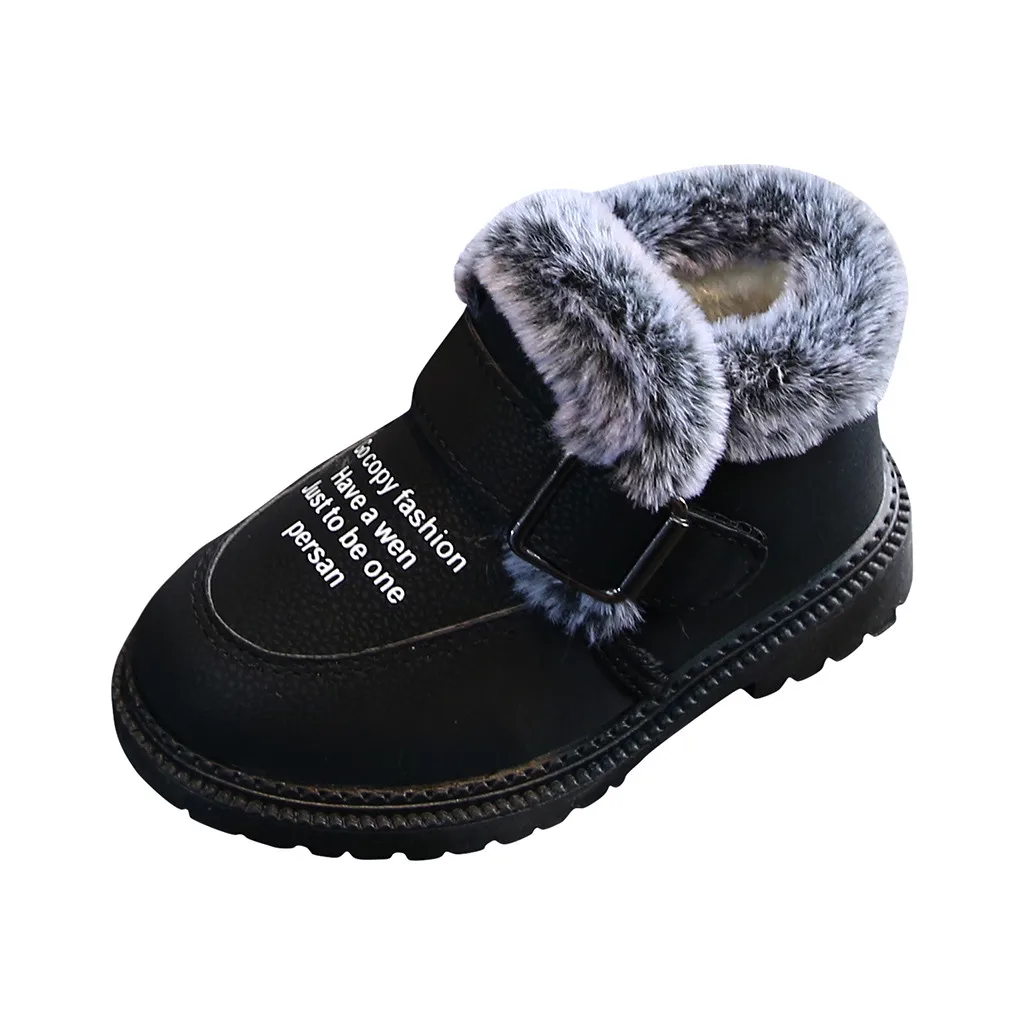 Зимние детские ботинки для малышей для девочек и мальчиков; теплые короткие кожаные ботинки с пряжкой и ремешком; Повседневная обувь; зимние ботинки для детей из водонепроницаемого материала - Цвет: Черный