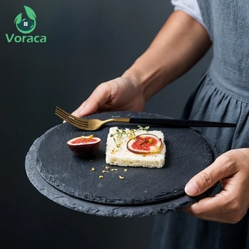 

Round Natural Slate Dinner Plates for Steak Pasta Sushi Kitchen Restaurant Food Dish Saucer Dessert Cake Dishes Pizza Fruit Tray