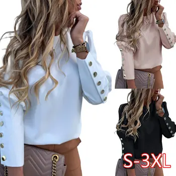 

2020 Work Wear Women Blouses Long Sleeve Back Metal Buttons Shirt Casual O Neck Solid Plus Size Tops Autumn Blouse Female