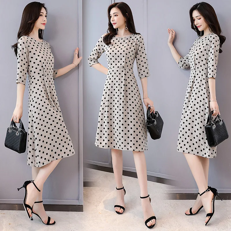 

2019 Summer New Style Elegant Elegant Casual Fashion French Retro Polka Dot Waist Hugging Slim Fit Half-sleeve Shirt Dress Women
