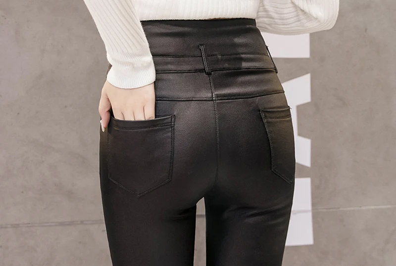 BGTEEVER зимние черные брюки из искусственной кожи женские эластичные Вельветовая с завышенной талией брюки женские обтягивающие брюки из искусственной кожи femme