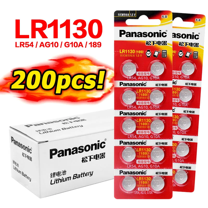 200pcs/lot 100 Original Panasonic 1.5V AG10 LR1130 Alkaline Button Coin Cell Battery AG10 389