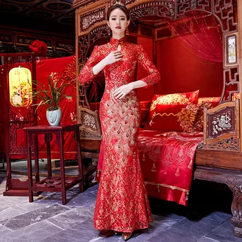 

Vestidos Lady Elegant Classic Red Qipao Peacock Sequins Cheongsam Traditional Bride Wedding Dress Oriental Women Toast Clothing