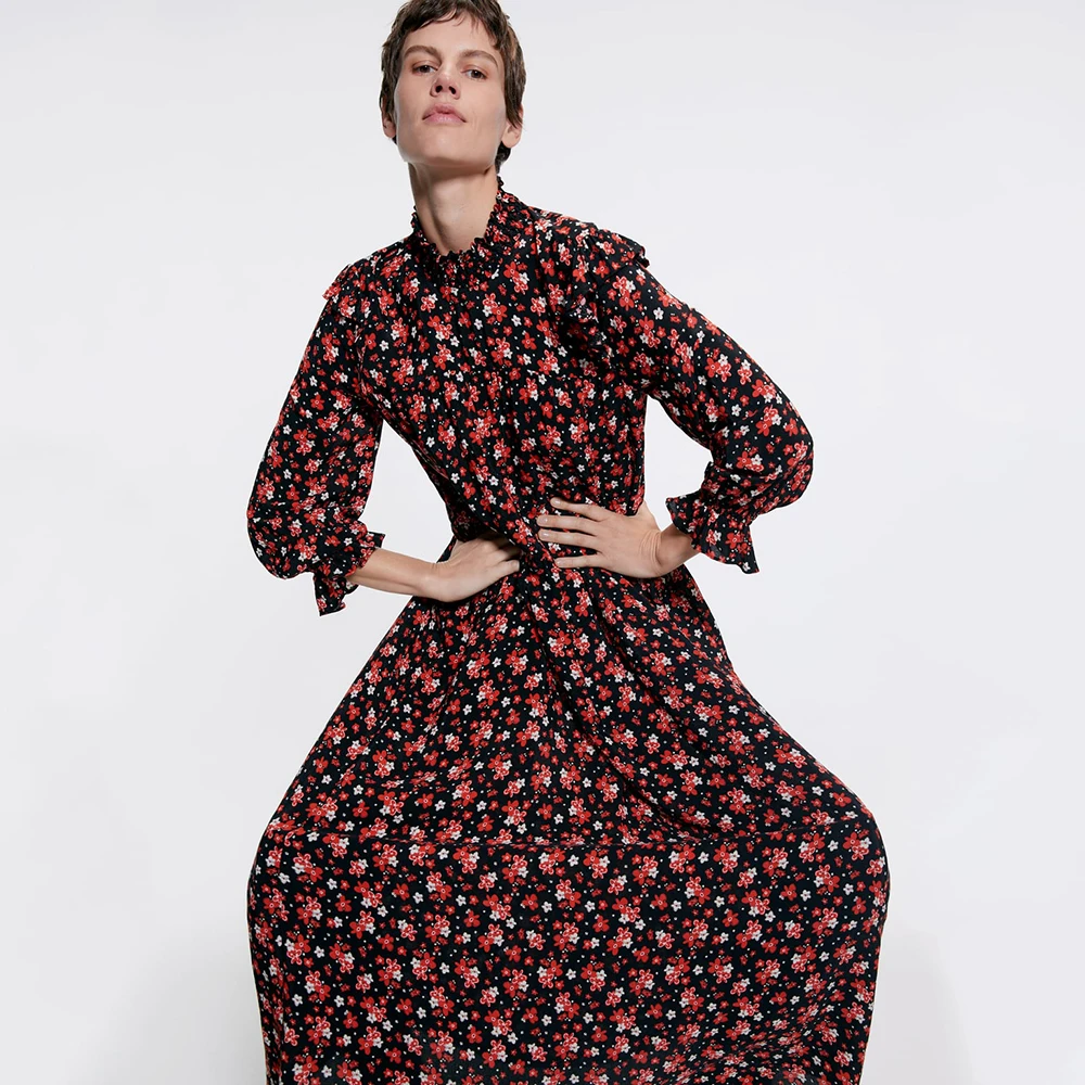 

2019 ZA Printing Stand Collar Dress Women Long Sleeve Elastic Cuffs Laminated Decorative Back Split Trendy design Dress