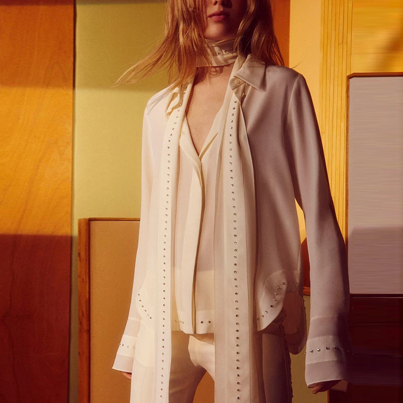 Women Diamonds Chiffon Blouse With Scarf Flare