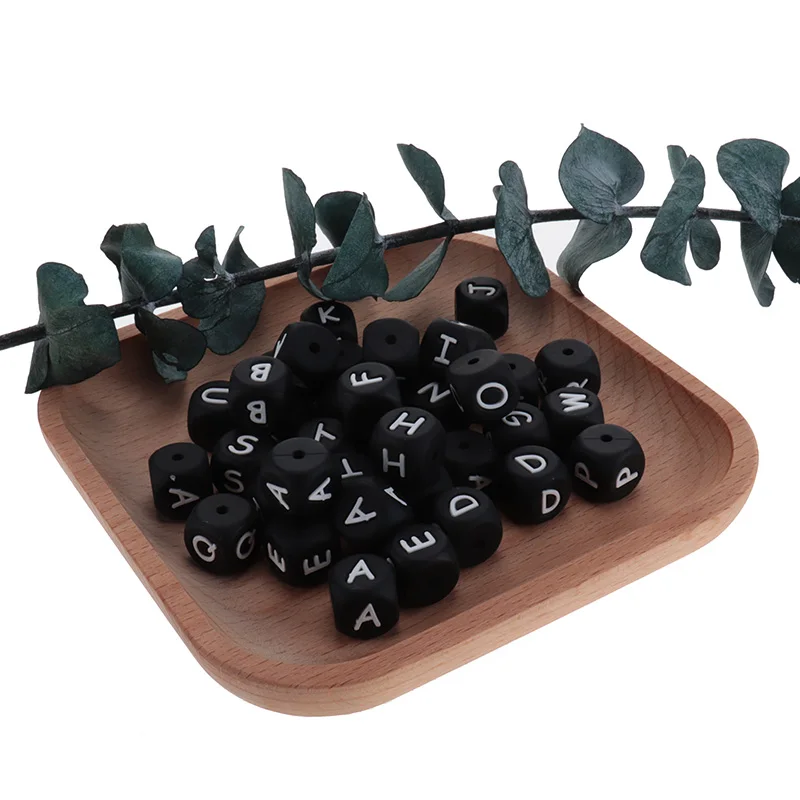 

12mm 25pcs Black Letter Silicone Alphabet Baby Teether Bead Food Grade Newborn Teething Pearl Pacifier Chain Accessories Chewing