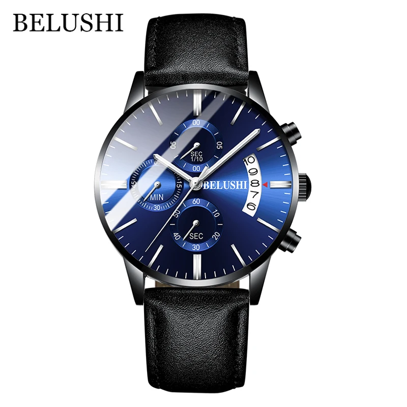 Leather Blue Silver Мужские часы от роскошного бренда BELUSHI, высококачественные мужские деловые повседневные часы, мужские водонепроницаемые спортивные кварцевые наручные часы relogio masculino - Цвет: Leather Blue Silver